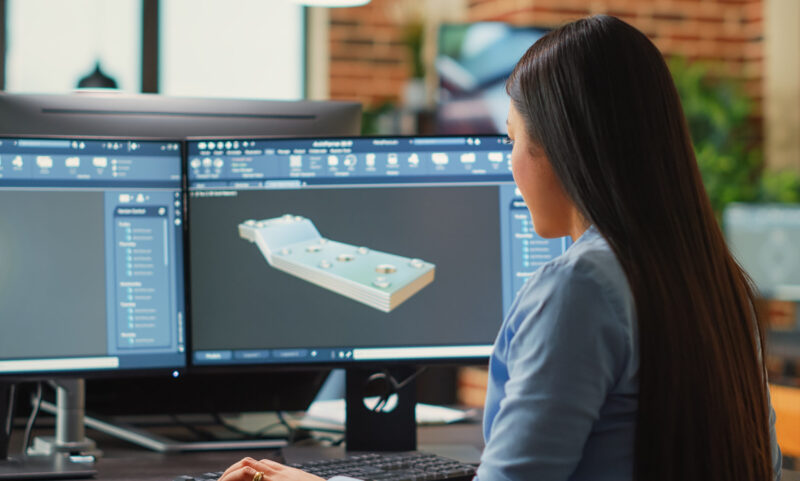 Digital 3d creator improving industrial prototype component using advanced software, developing machinery on cad interface. Creative technician creating craphic model, mechanical product.